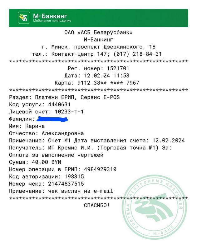 Пример чека оплаты